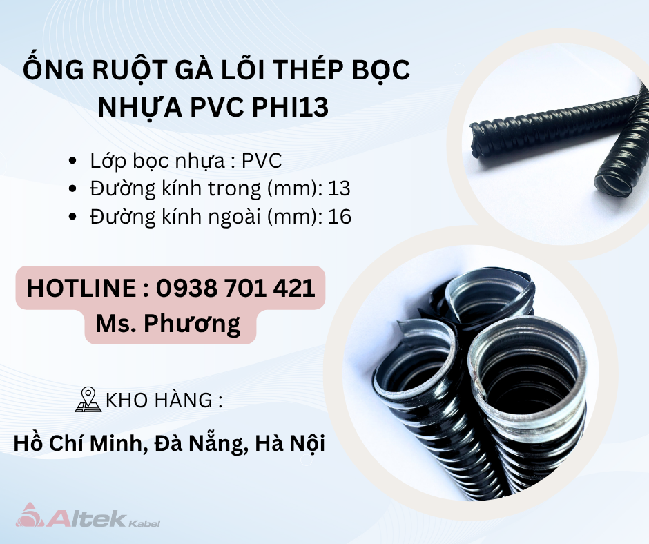 Ống ruột gà lõi thép bọc nhựa PVC Phi13 tại Đà Nẵng, Hà Nội, Hồ Chí Minh